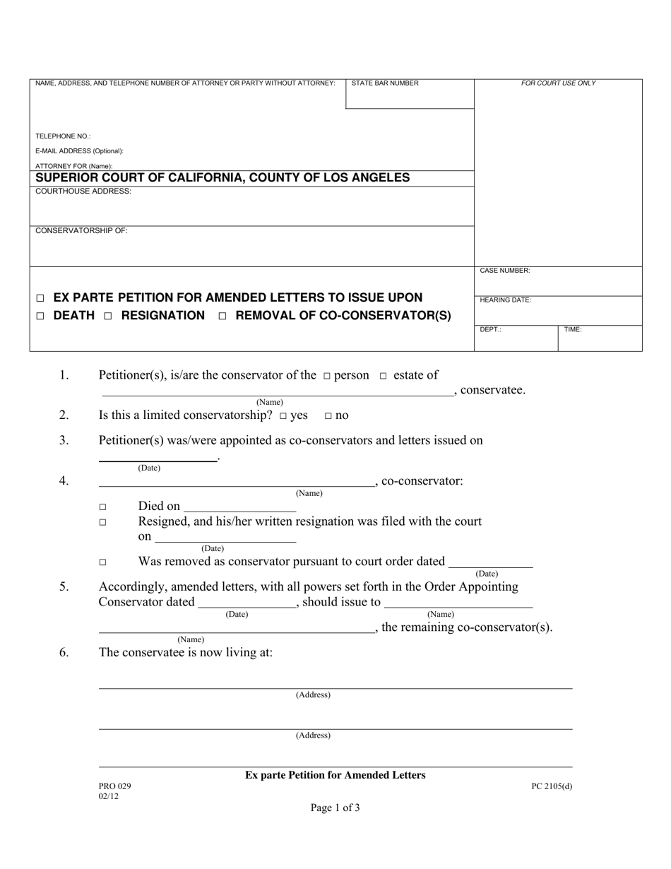 Form PRO029 Ex Parte Petition for Amended Letters to Issue Upon Death / Resignation / Removal of Co-conservator(S) - County of Los Angeles, California, Page 1