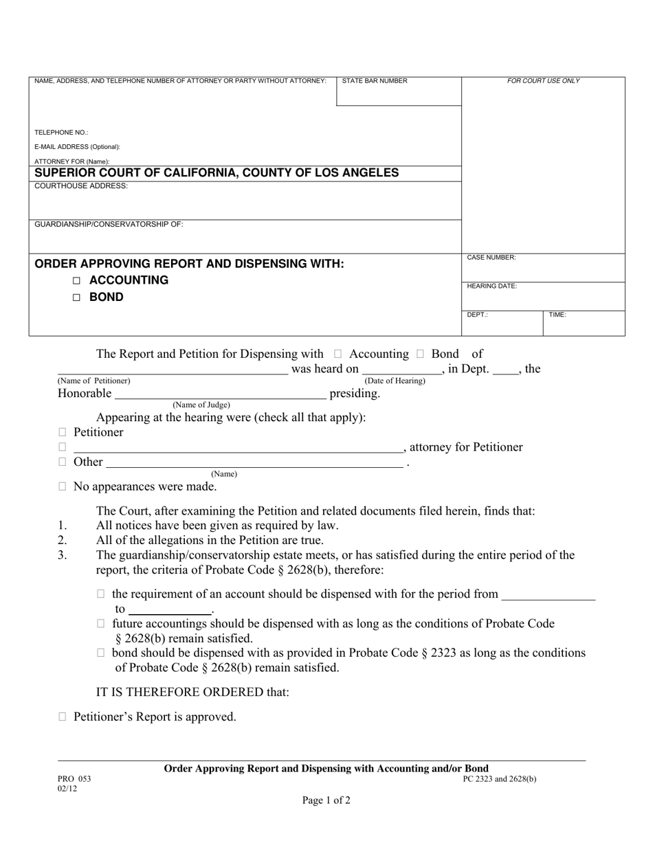 Form PRO053 Order Approving Report and Dispensing With Accounting and/or Bond - County of Los Angeles, California, Page 1