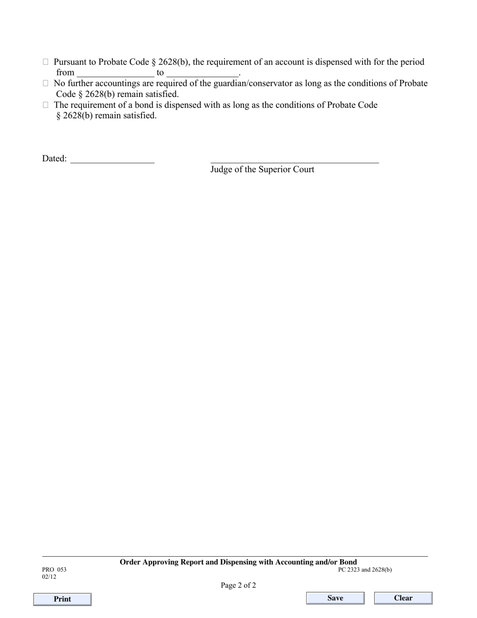 Form PRO053 Order Approving Report and Dispensing With Accounting and / or Bond - County of Los Angeles, California, Page 2