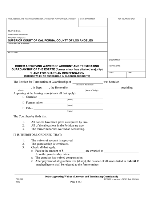 Form PRO048 Order Approving Waiver of Account and Terminating Guardianship (No Blocked Accounts) - County of Los Angeles, California