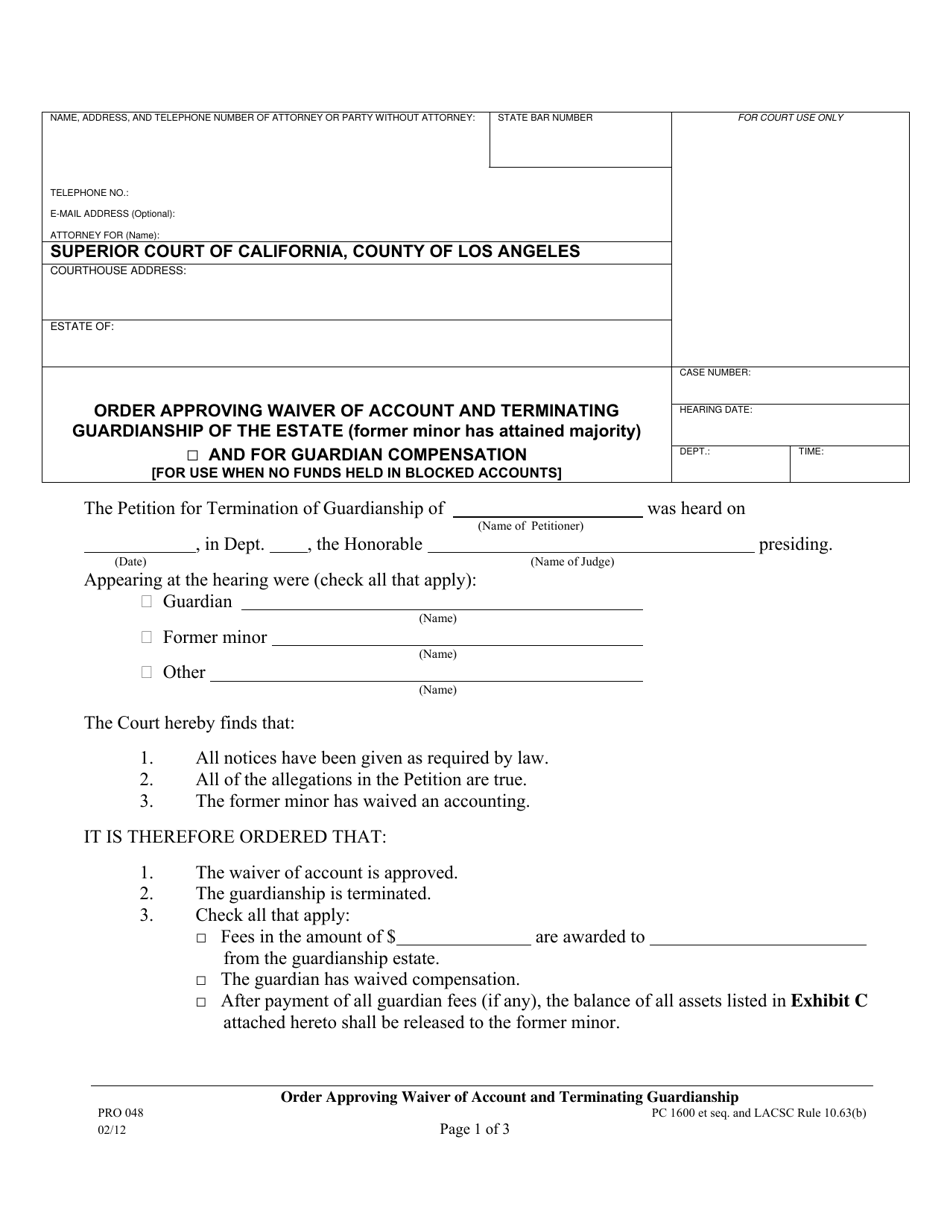 Form PRO048 Order Approving Waiver of Account and Terminating Guardianship (No Blocked Accounts) - County of Los Angeles, California, Page 1
