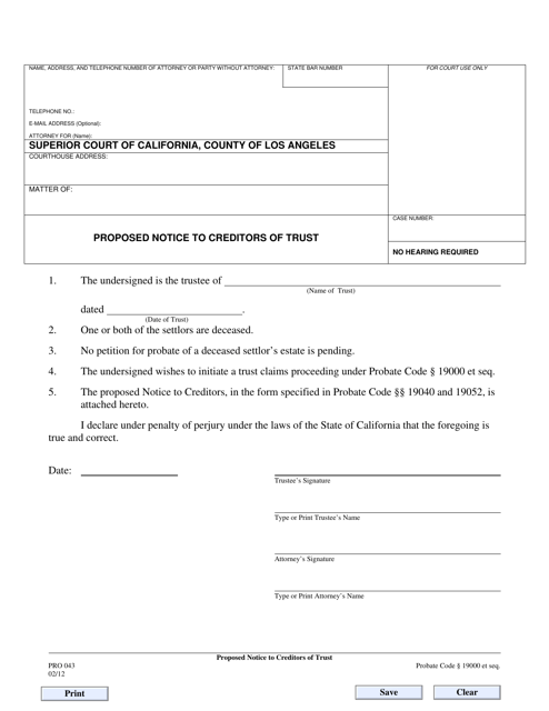 Form PRO043 Proposed Notice to Creditors of Trust - County of Los Angeles, California