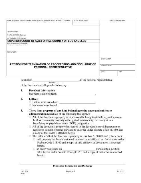 Form PRO054 Petition for Termination of Proceedings and Discharge of Personal Representative - County of Los Angeles, California