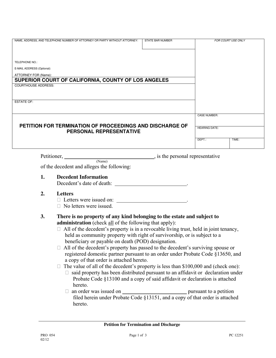 Form PRO054 Petition for Termination of Proceedings and Discharge of Personal Representative - County of Los Angeles, California, Page 1