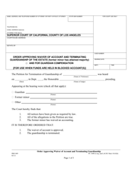 Document preview: Form PRO049 Order Approving Waiver of Account and Terminating Guardianship (With Blocked Accounts) - County of Los Angeles, California