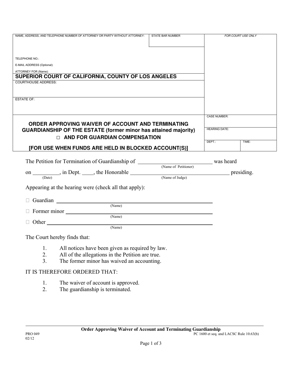 Form PRO049 Order Approving Waiver of Account and Terminating Guardianship (With Blocked Accounts) - County of Los Angeles, California, Page 1