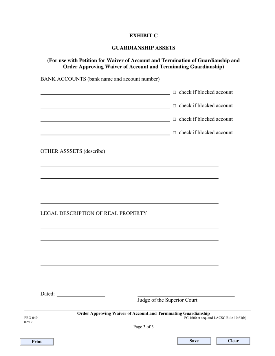 Form PRO049 Order Approving Waiver of Account and Terminating Guardianship (With Blocked Accounts) - County of Los Angeles, California, Page 3