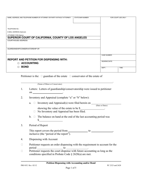 Form PRO052 Report and Petition for Dispensing With Accounting/Bond - County of Los Angeles, California