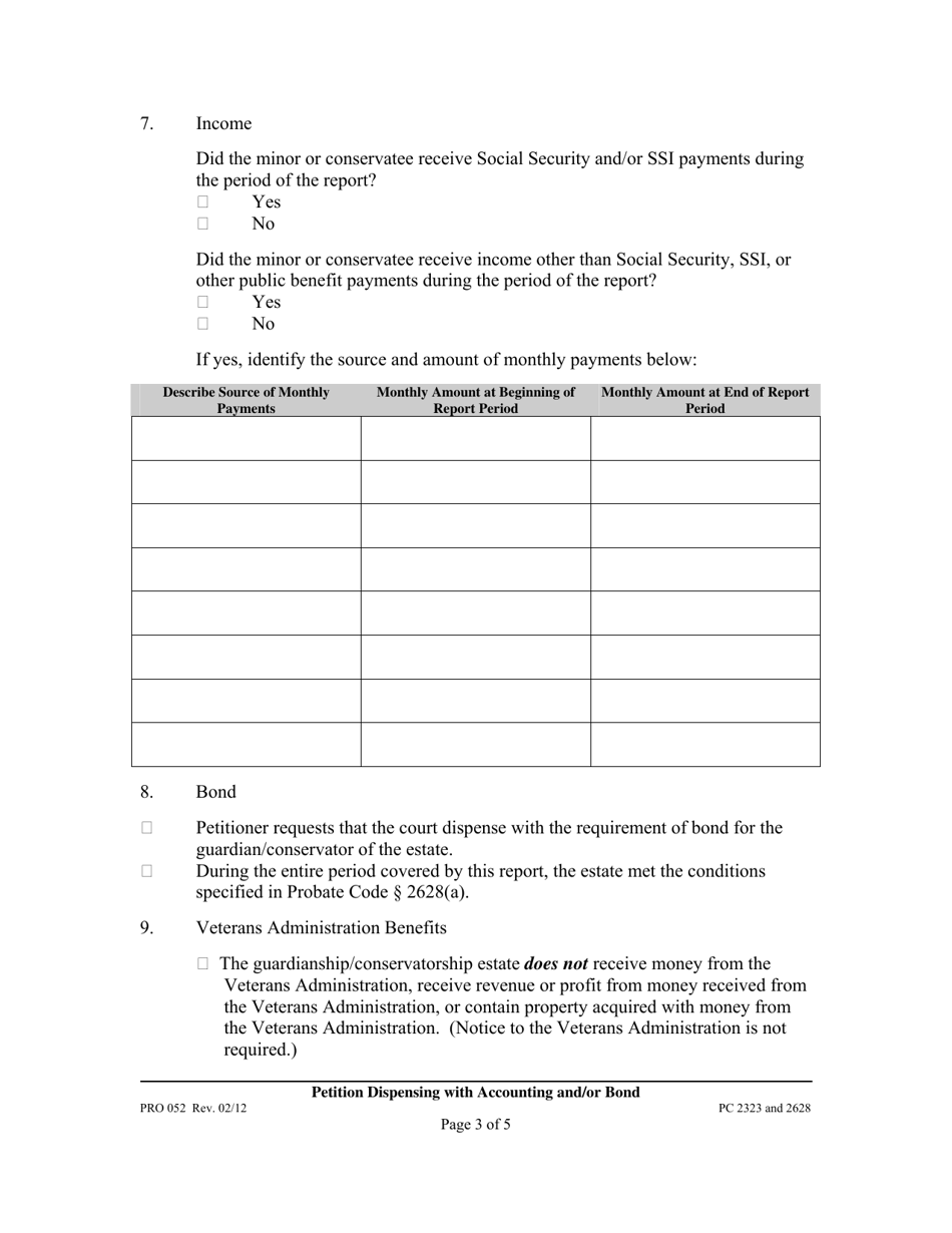 Form PRO052 Report and Petition for Dispensing With Accounting / Bond - County of Los Angeles, California, Page 3