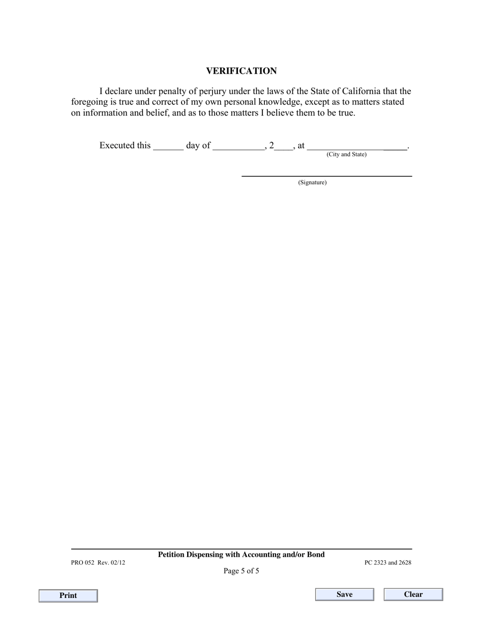 Form PRO052 Report and Petition for Dispensing With Accounting / Bond - County of Los Angeles, California, Page 5