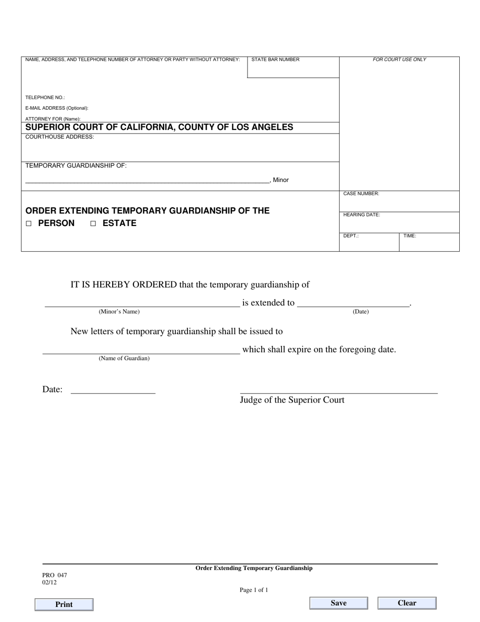Form PRO047 Order Extending Temporary Guardianship - County of Los Angeles, California, Page 1