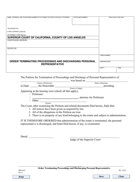 Form PRO055 Order Terminating Proceedings and Discharging Personal Representative - County of Los Angeles, California