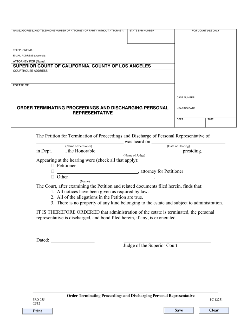 Form PRO055 Order Terminating Proceedings and Discharging Personal Representative - County of Los Angeles, California, Page 1