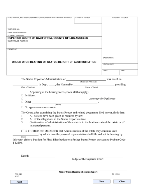 Form PRO040 Order Upon Hearing of Status Report of Administration - County of Los Angeles, California
