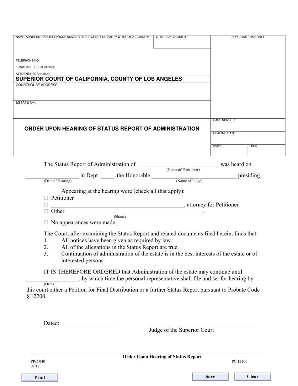 Form PRO040 Order Upon Hearing of Status Report of Administration - County of Los Angeles, California, Page 1