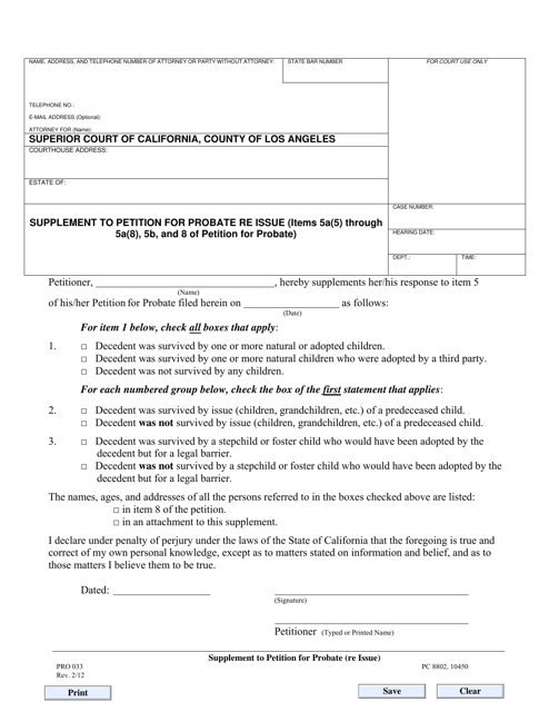Form PRO033 Supplement to Petition for Probate Re Issue - County of Los Angeles, California