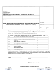 Document preview: Form PRO034 Supplement to Petition for Probate Re Character and Value of Decedent's Property (Item 3c of Petition for Probate) - County of Los Angeles, California
