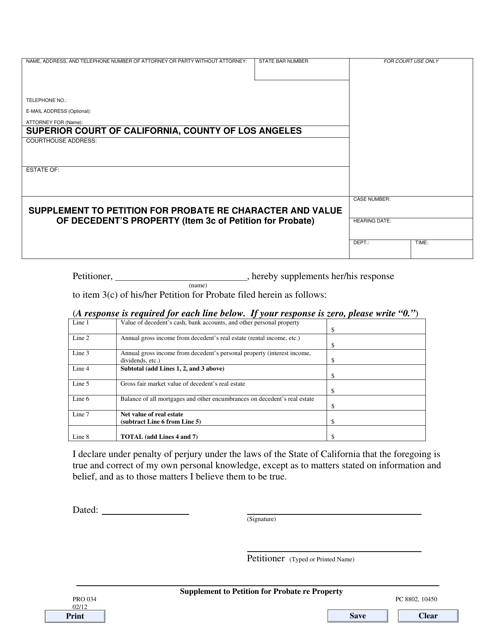 Form PRO034 Supplement to Petition for Probate Re Character and Value of Decedent's Property (Item 3c of Petition for Probate) - County of Los Angeles, California