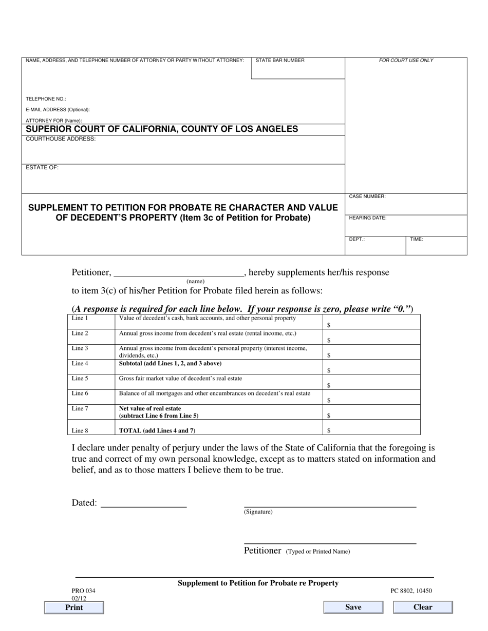Form PRO034 Supplement to Petition for Probate Re Character and Value of Decedents Property (Item 3c of Petition for Probate) - County of Los Angeles, California, Page 1
