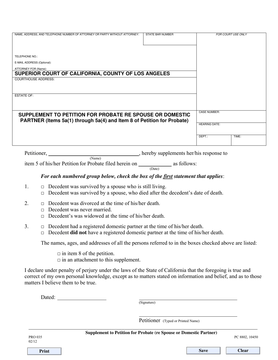Form PRO035 Supplement to Petition for Probate Re Spouse or Domestic Partner - County of Los Angeles, California, Page 1