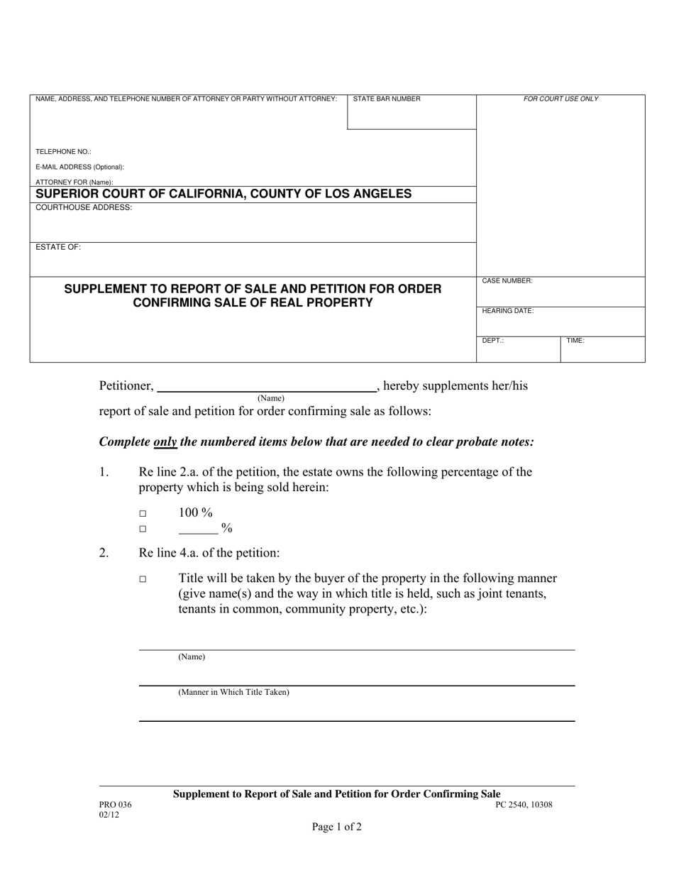 Form PRO036 Supplement to Report of Sale and Petition for Order Confirming Sale of Real Property - County of Los Angeles, California, Page 1