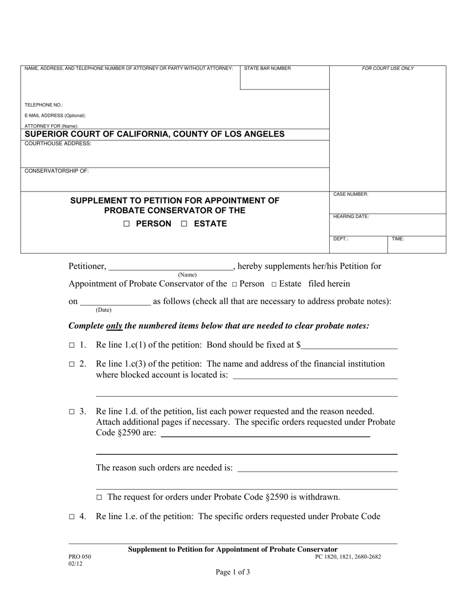 Form PRO050 Supplement to Petition for Appointment of Probate Conservator - County of Los Angeles, California, Page 1