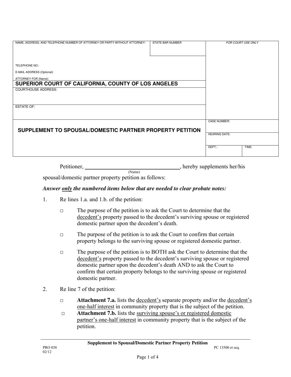 Form PRO038 Supplement to Spousal / Domestic Partner Property Petition - County of Los Angeles, California, Page 1