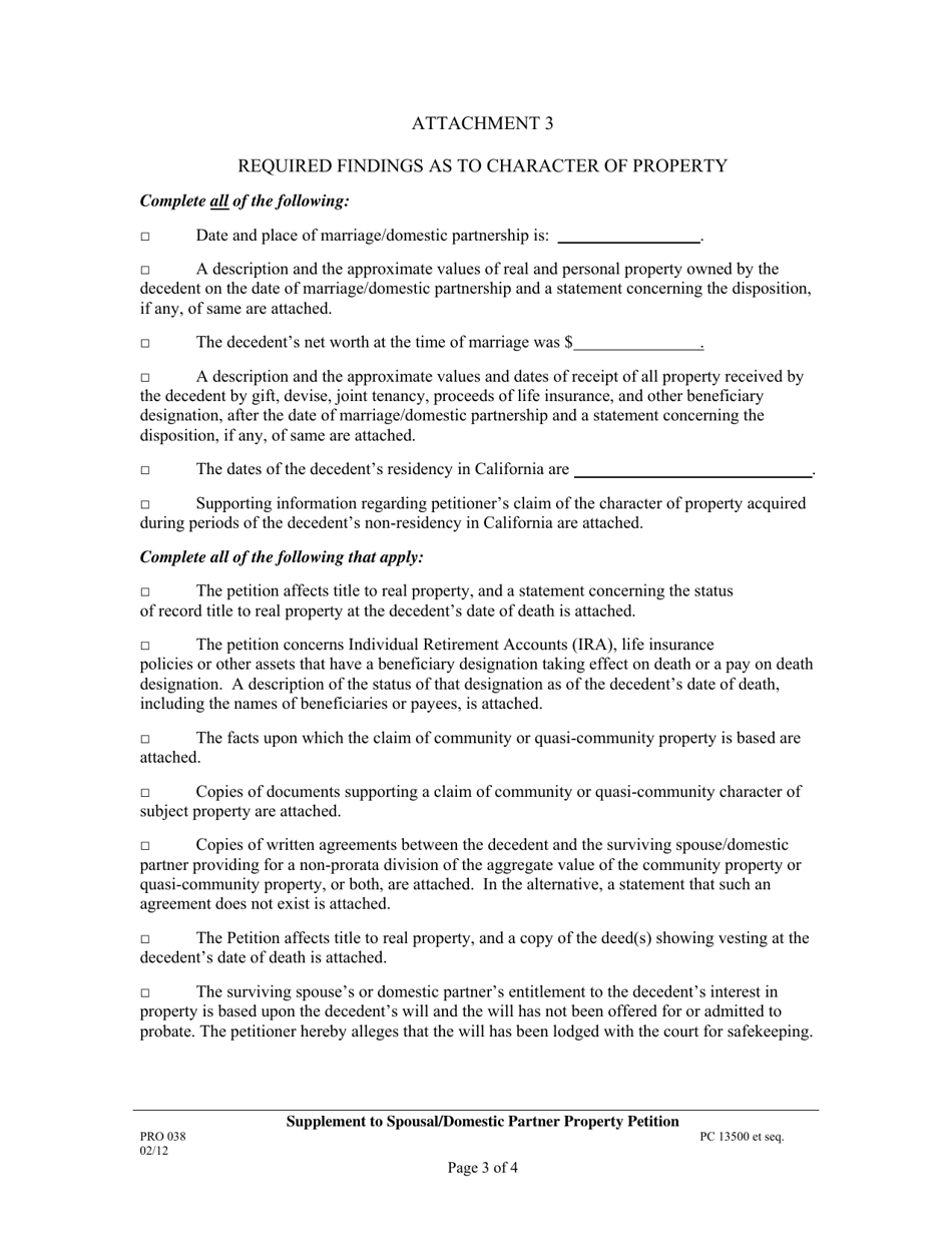 Form PRO038 Supplement to Spousal / Domestic Partner Property Petition - County of Los Angeles, California, Page 3