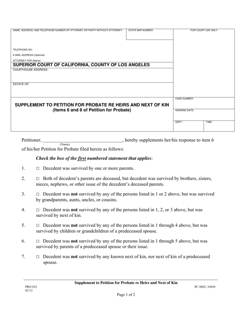Form PRO032 Supplement to Petition for Probate Re Heirs and Next of Kin - County of Los Angeles, California