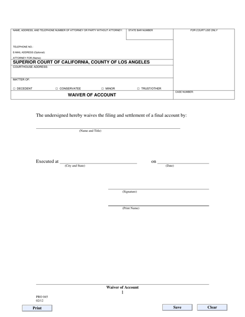 Form PRO045 Waiver of Account - County of Los Angeles, California