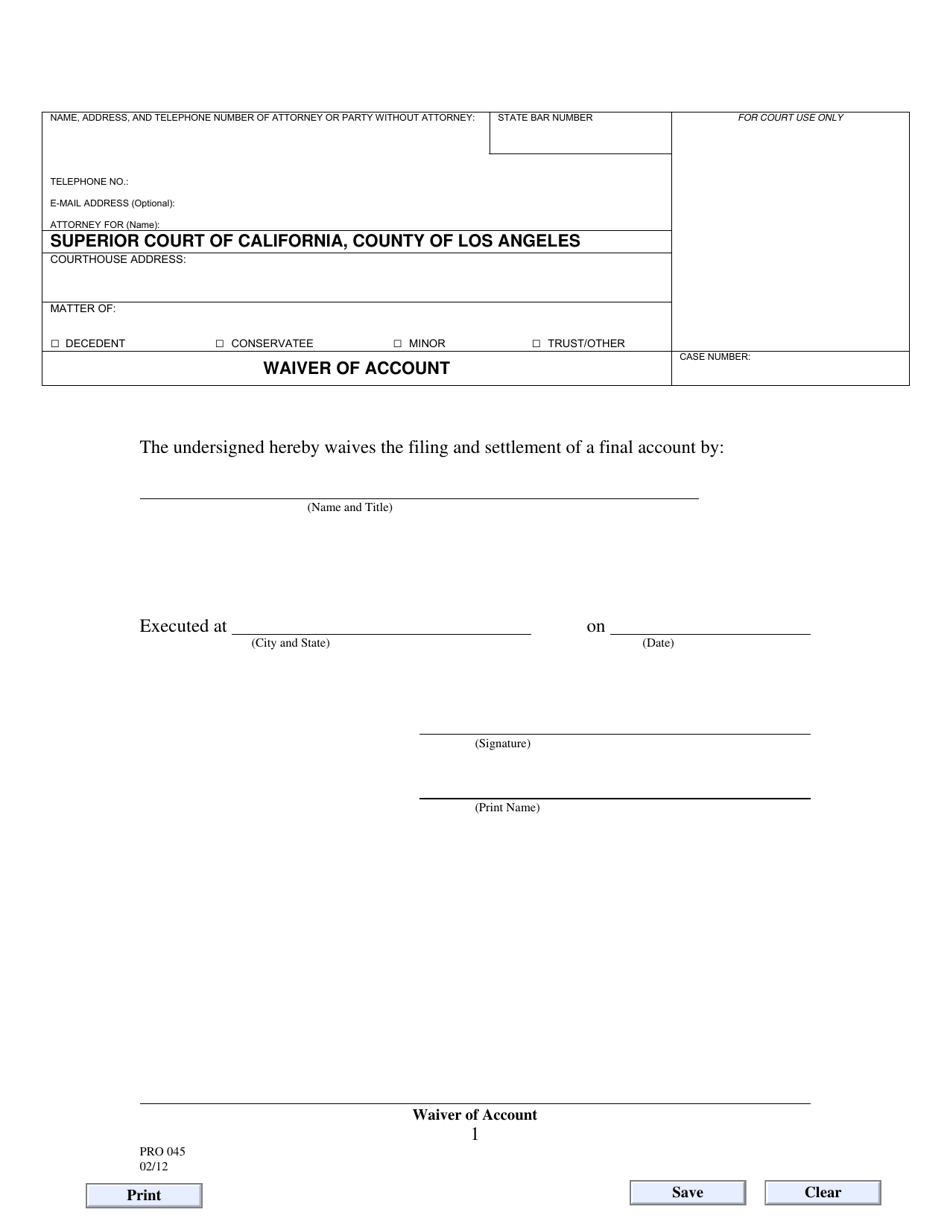 Form PRO045 Waiver of Account - County of Los Angeles, California, Page 1