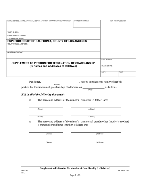 Form PRO042 Supplement to Petition for Termination of Guardianship (Re Names and Addresses of Relatives) - County of Los Angeles, California