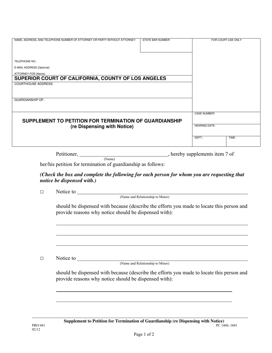 Form PRO041 Supplement to Petition for Termination of Guardianship (Re Dispensing With Notice) - Couny of Los Angeles, California, Page 1