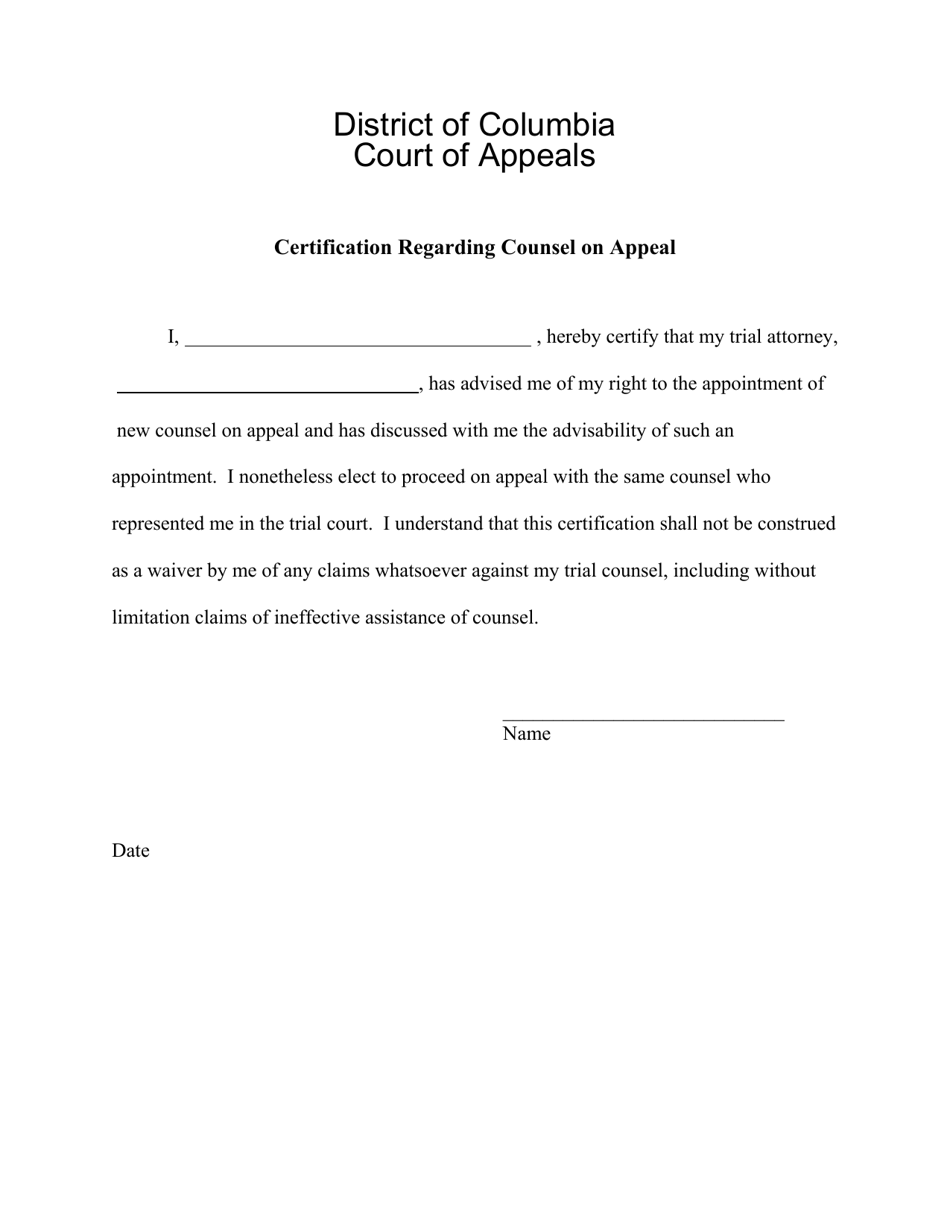 Certification Regarding Counsel on Appeal - Washington, D.C., Page 1
