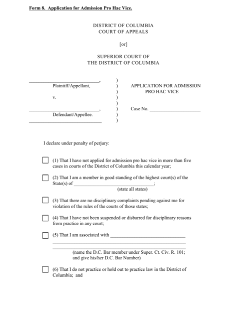 Form 8 Application for Admission Pro Hac Vice - Washington, D.C.