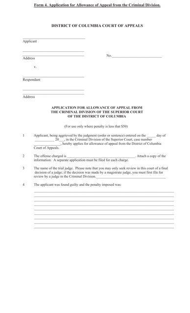 Form 4 Application for Allowance of Appeal From the Criminal Division - Washington, D.C.