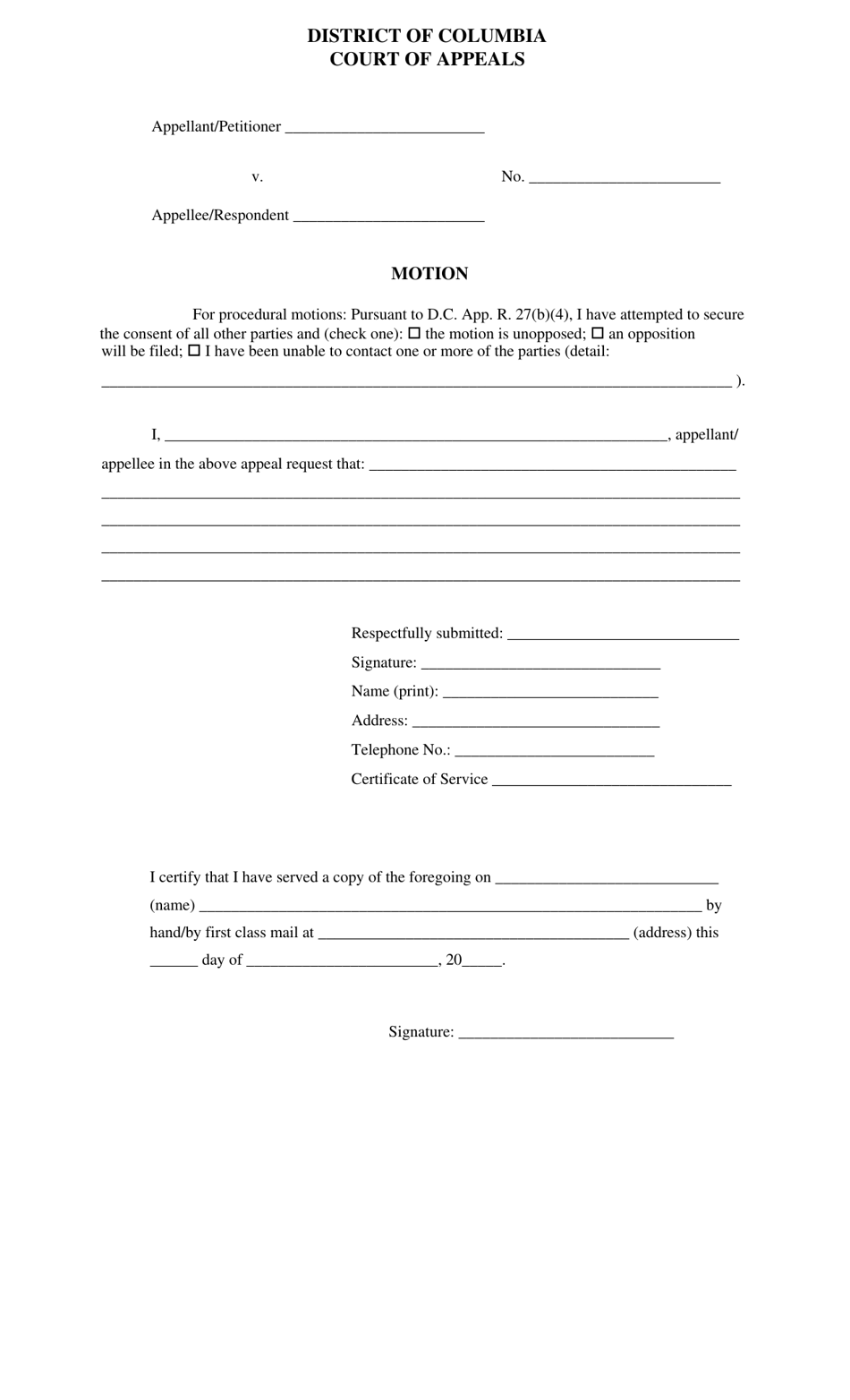 Washington, D.C. Motion - Fill Out, Sign Online and Download PDF ...