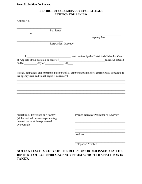 Form 5 Petition for Review - Washington, D.C.