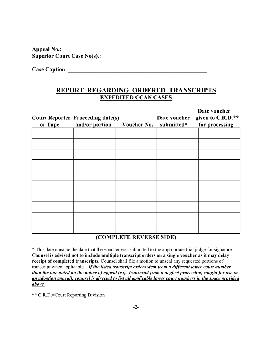 Report Regarding Ordered Transcripts (Expedited Ccan Cases) - Washington, D.C., Page 1