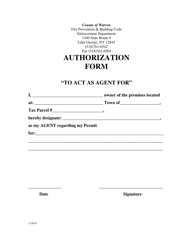 Document preview: Authorization Form (To Act as Agent for) - County of Warren, New York