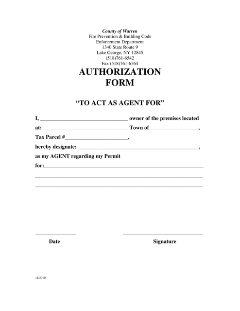 Authorization Form (To Act as Agent for) - County of Warren, New York Download Pdf