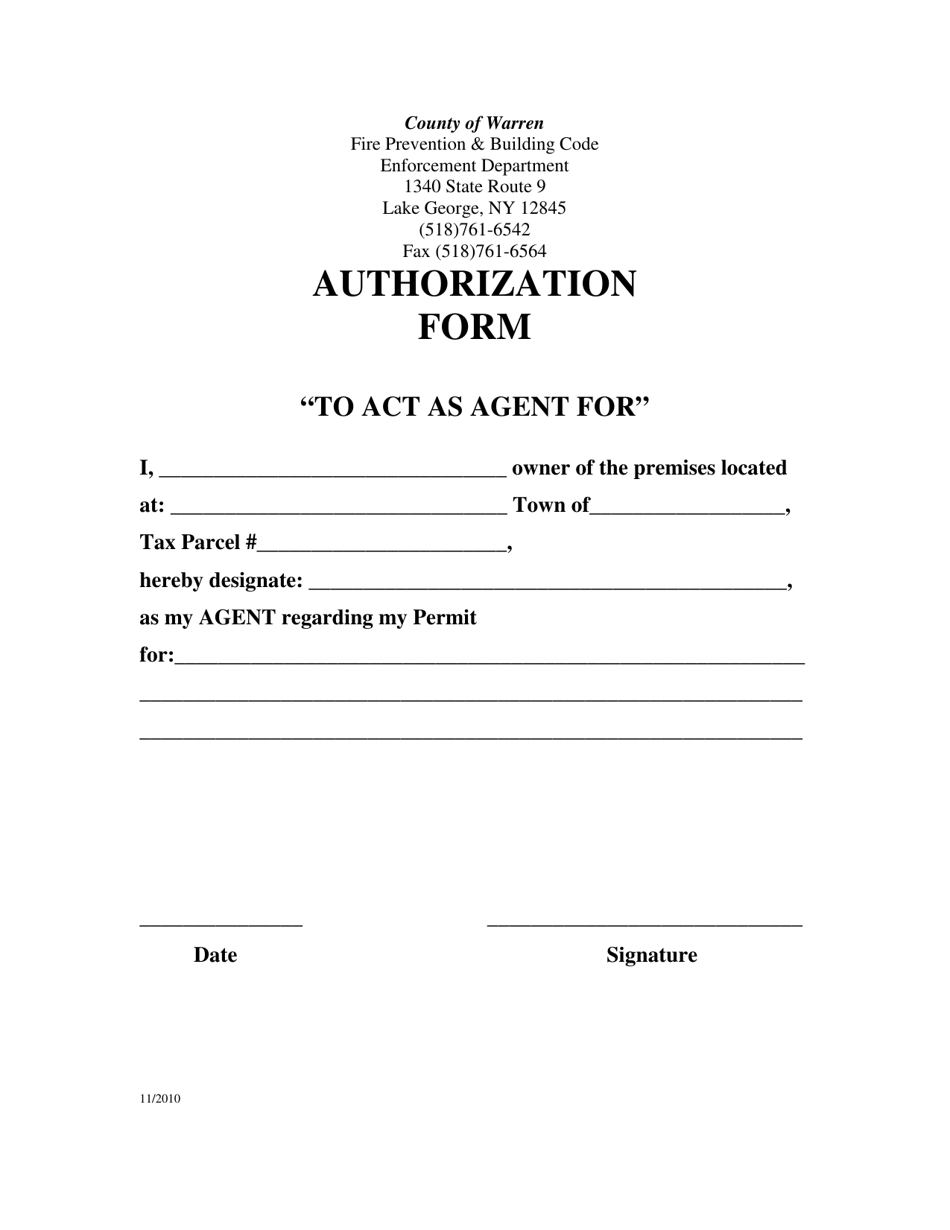 Authorization Form (To Act as Agent for) - County of Warren, New York, Page 1