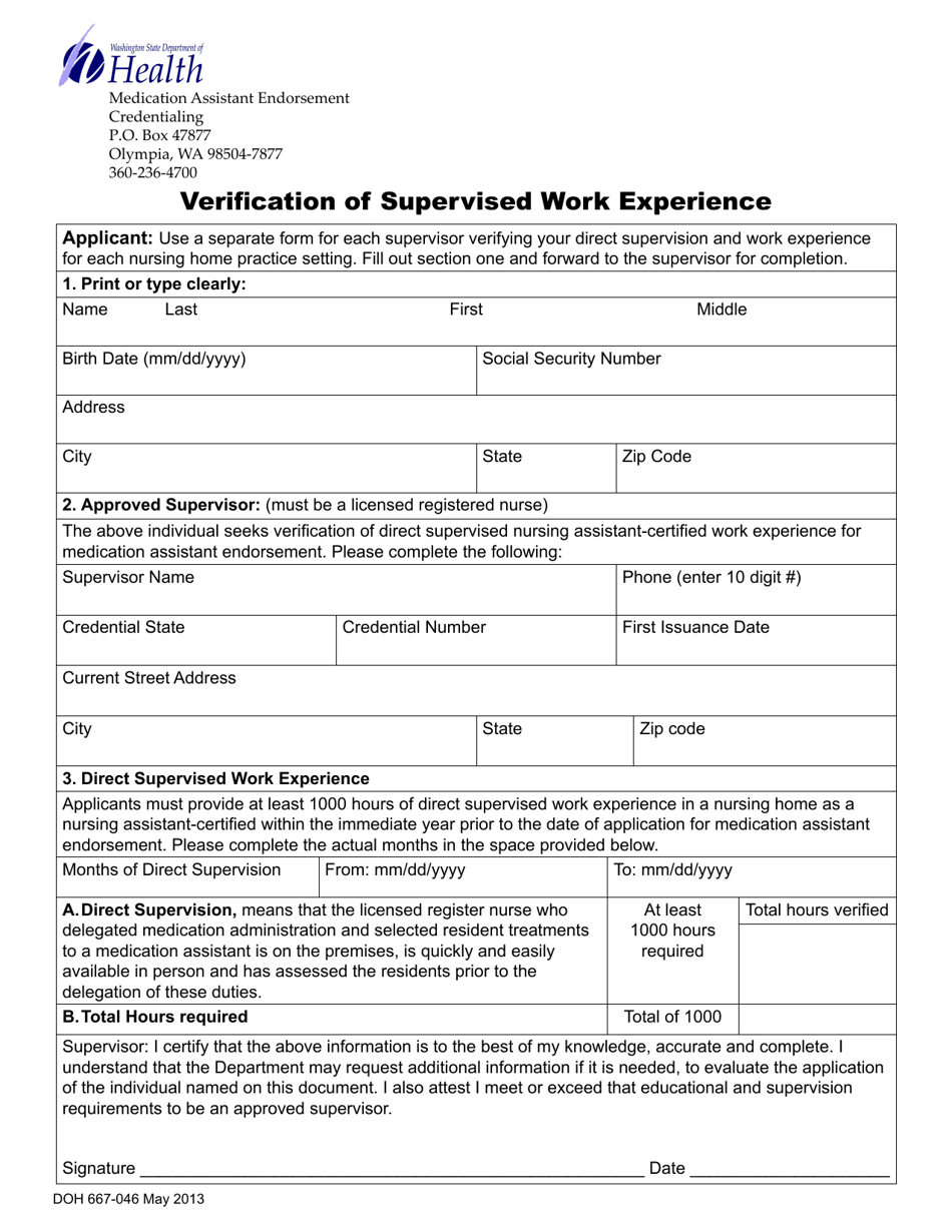 DOH Form 667-046 Verification of Supervised Work Experience - Washington, Page 1