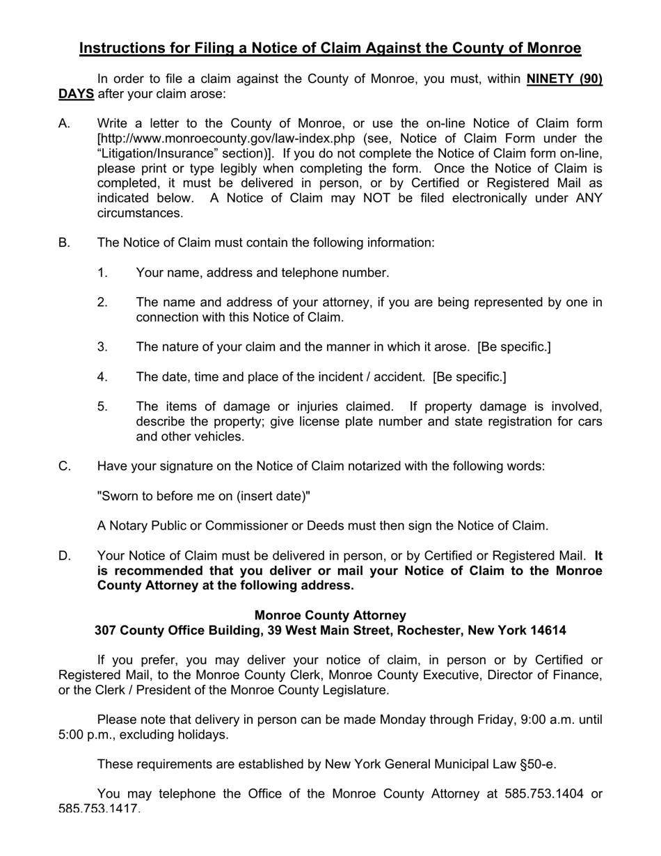 Download Instructions for Notice of Claim Against the County of Monroe