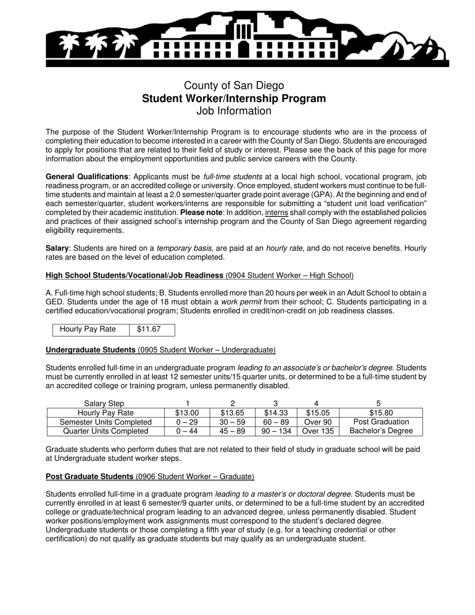 Form DHR207 Employment Application - Student Worker / Internship Program - County of San Diego, California, Page 1