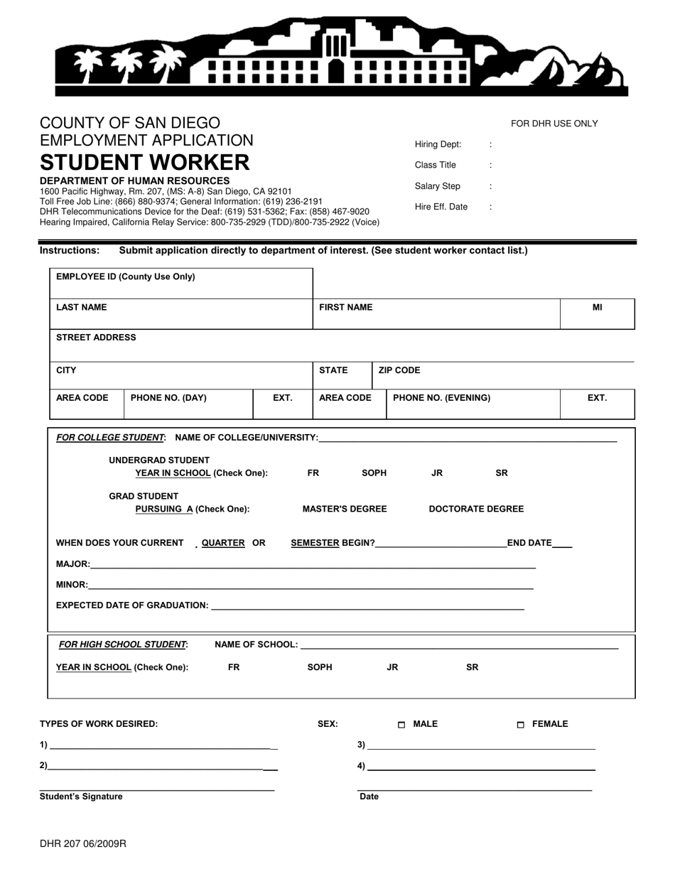 Form DHR207 Employment Application - Student Worker / Internship Program - County of San Diego, California, Page 3