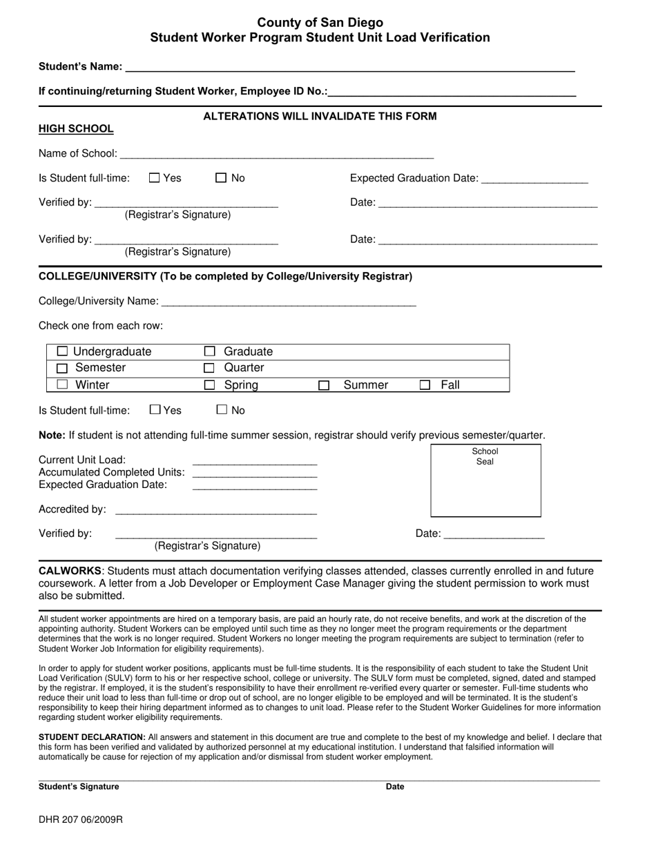 Form DHR207 Employment Application - Student Worker / Internship Program - County of San Diego, California, Page 4