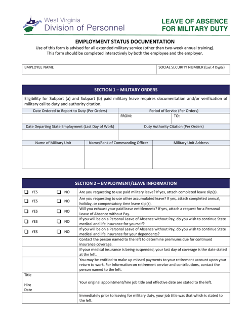 Military Leave of Absence Employment Status Documentation Form - West Virginia Download Pdf