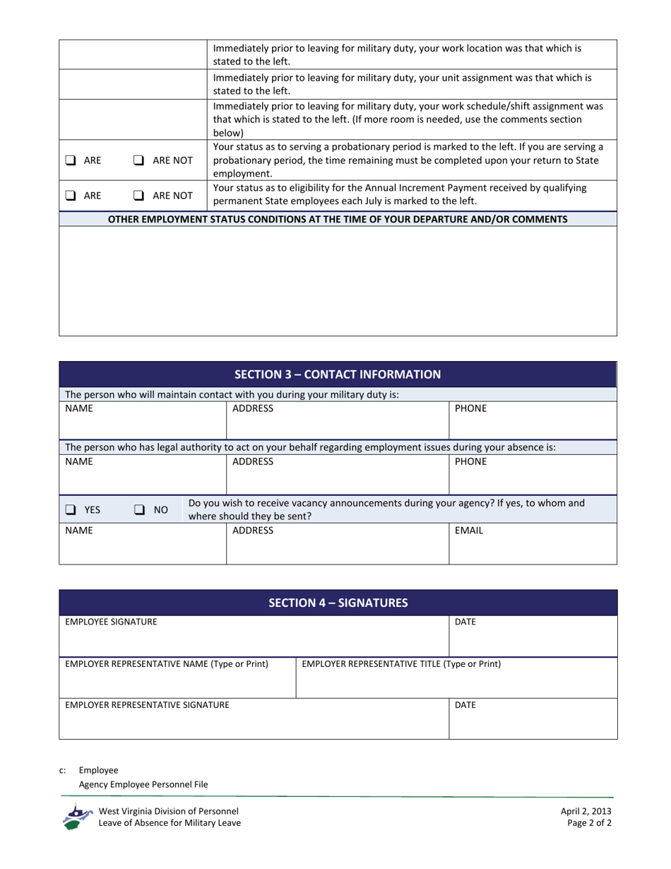 West Virginia Military Leave of Absence Employment Status Documentation ...