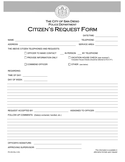 Form PD-238 Vacation House Check - City of San Diego, California